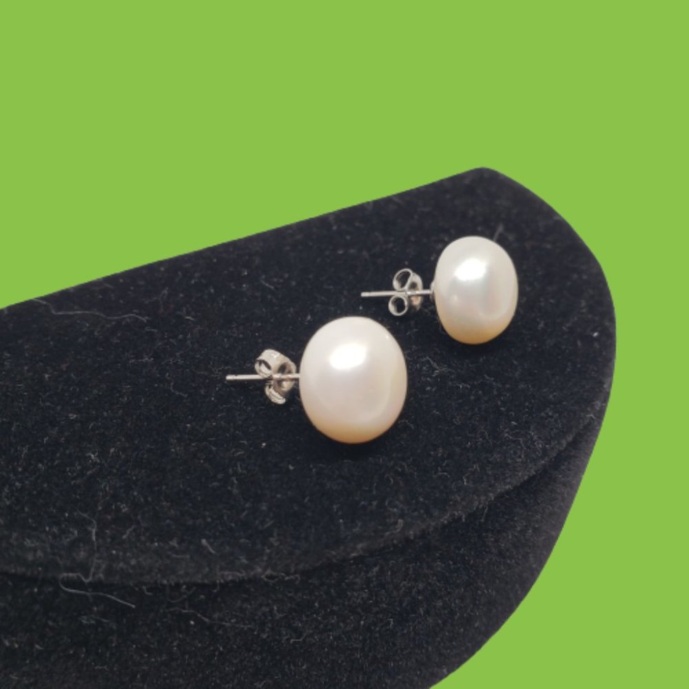 White Cultured Freshwater Pearl Rhodium Over Sterling Silver Stud Earrings